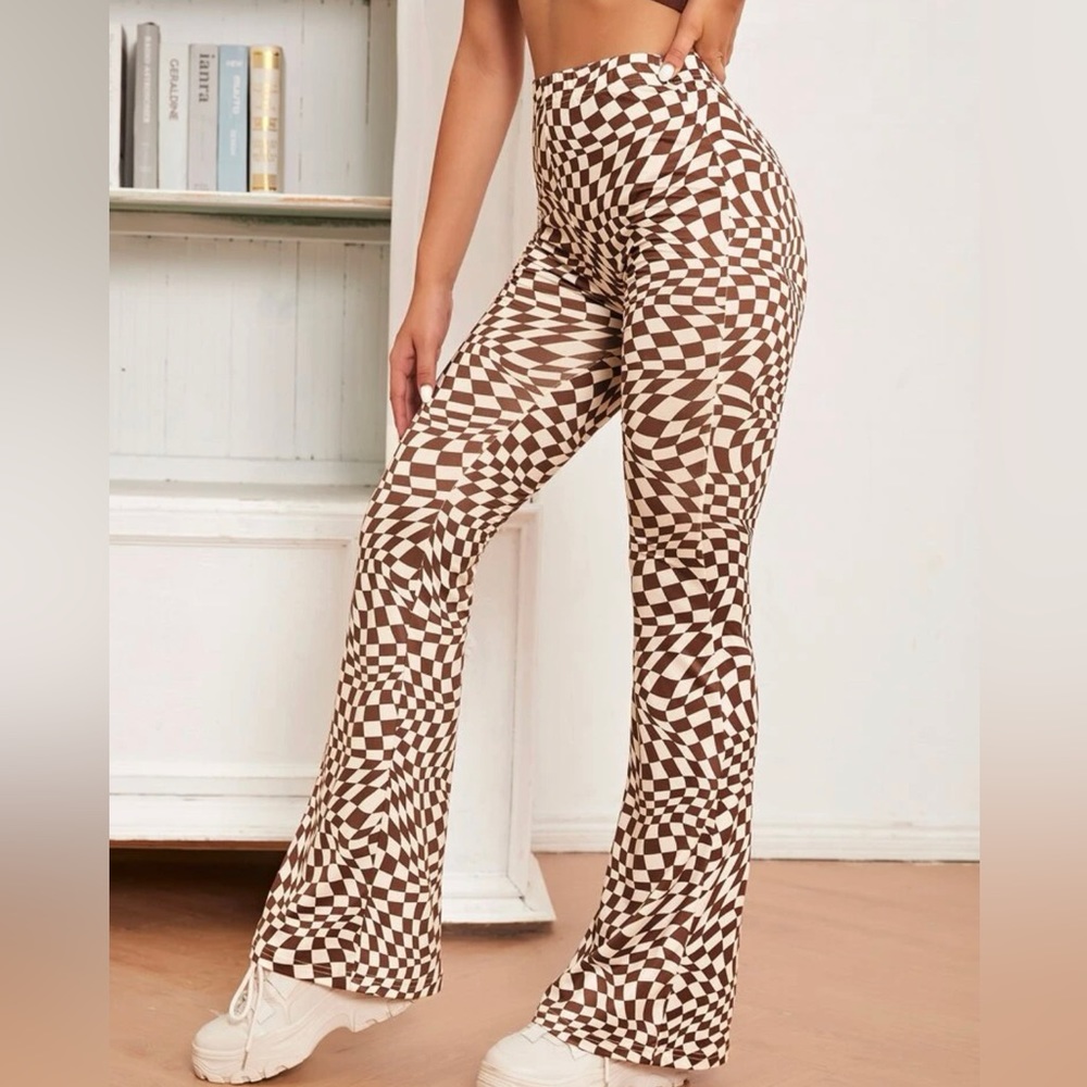 Checkered Brown Beige Checker Pants Leggings Flare S Small Soft Stretchy y2k